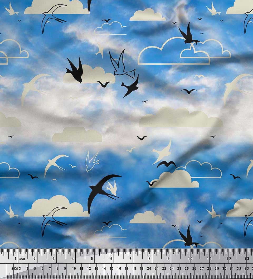 Soimoi Rayon Crepe Fabric Clouds & Flying Swift Bird Fabric Prints By Yard 46 Inch Wide