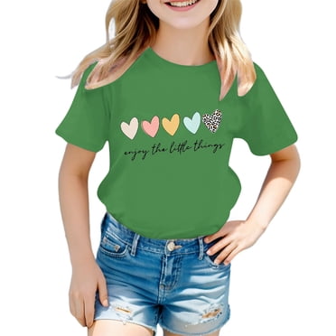PMVFHDE Vêtements pour Enfants T-Shirt à Manches Courtes pour Filles avec Mignon Imprimé Cœur / T-Shirts Graphiques Décontractés d'Été pour Tout-Petits et Bébés / Haut en Coton à Col Rond 3-12 Ans Hauts, T-Shirts et Chemises pour Filles
