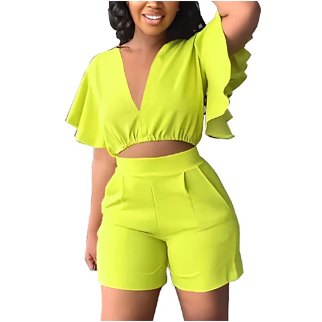 Mikilon Womens Oversized Stylish Outfits 2 Piece Set Ruffle Short Sleeve V-Neck Top Casual Shorts Summer Plus Size Suit Ruffle Short Sleeve V-Neck Top Casual Shorts Summer Plus Size Suits Green L