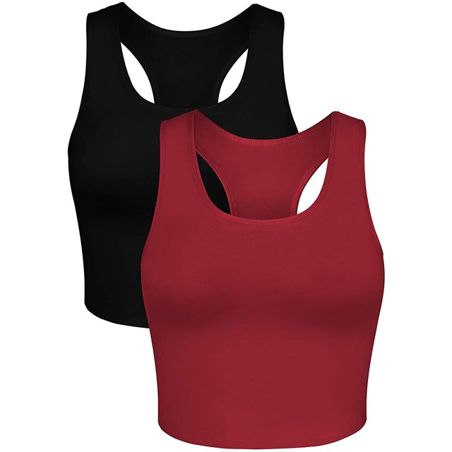 Charmo Crop Tank Tops for Women Built-in Shelf Bra Racerback Cotton Sports Crop Top 2 Pack