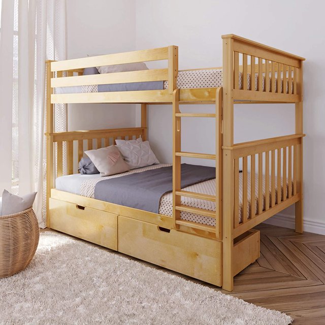 BEDSMART Lits Superposés Double sur Double en Bois Massif avec Rangement / Naturel