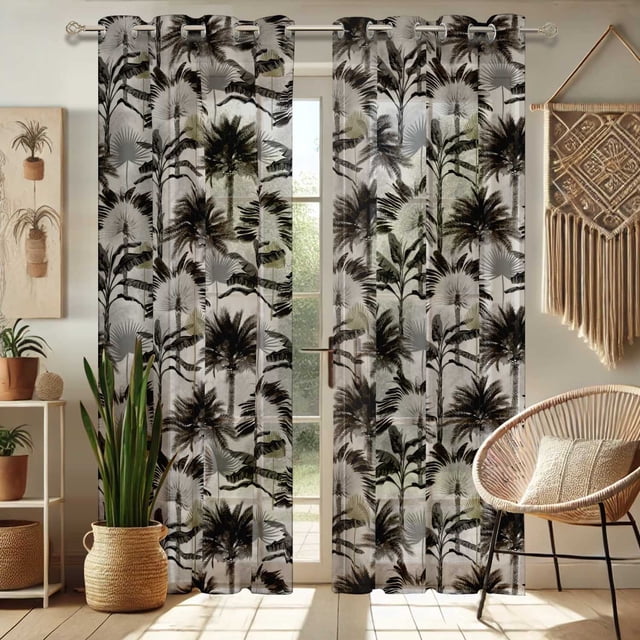 Vargottam Tropical Tree Print Sheer Curtains for Short Windows - Set of 2 Panels, 63", Grommet Top, Printed Georgette, Light Filtering Drapes for Kitchen or Bedroom