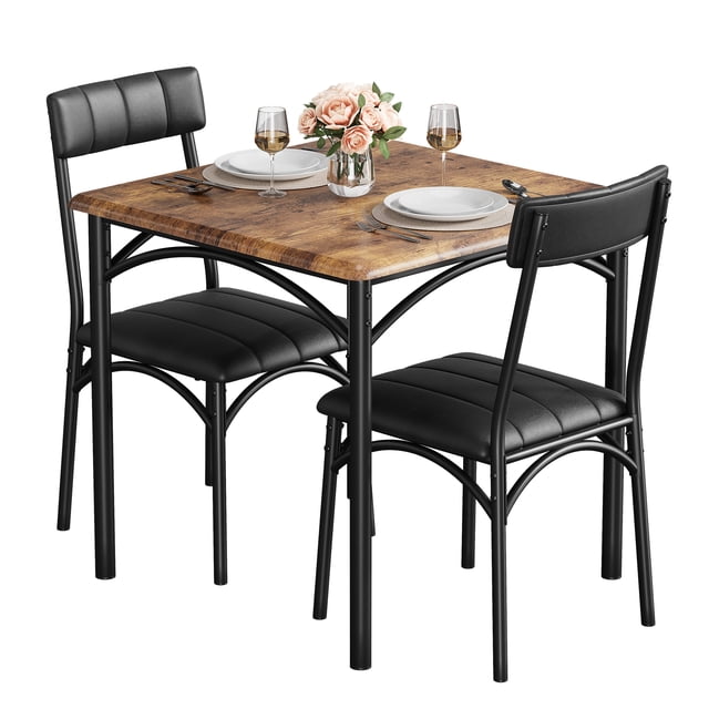 3 Piece Dining Table Set with a square wooden tabletop in a rustic finish and a durable black metal frame. Includes two upholstered chairs with padded black cushions and curved backrests for comfort. Designed for small spaces like apartments or kitchens, the chairs can be stored under the table to save space. Table dimensions: 43.3” L x 27.5” W x 30” H; Chair dimensions: 33.8” L x 18.5” W x 17” H. Perfect for dining rooms, breakfast areas, or compact living spaces.
