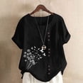 thumbnail image 2 of T-shirts en Lin à Col Rond Oversize pour Femmes, Manches Courtes, T-Shirts en Coton, Imprimé Floral, à Boutons, Blouses Tendance, 2 of 7