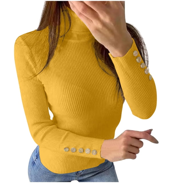 Dagegui Chandails à Col Roulé pour Femmes Automne Hiver Coupe Ajustée Manches Longues Tricoté Chandail Uni Chandail Hauts Jaune,G