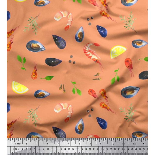 Soimoi polyester Crepe Fabric Gemstone,Lemon Slice & Prawns Food Print Fabric by the Yard 42 Inch Wide