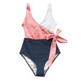 thumbnail image 4 of Maillot de Bain une Pièce pour Femmes, Enveloppant, à Blocs de Couleur, avec Nœud Latéral, Rose Noir, TG, 4 of 6