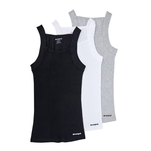 PAPI Lot de 3 Camisoles à Encolure Carrée en Noir, Blanc et Gris, Faites de Côtes, Respirantes Mélange de 60 % Coton et 40 % polyester, Présentant un Encolure Carrée Moderne et un design Sans Étiquette pour un Port Quotidien Confortable et Extensible, Idéal pour Superposer Ou Porter Seul.