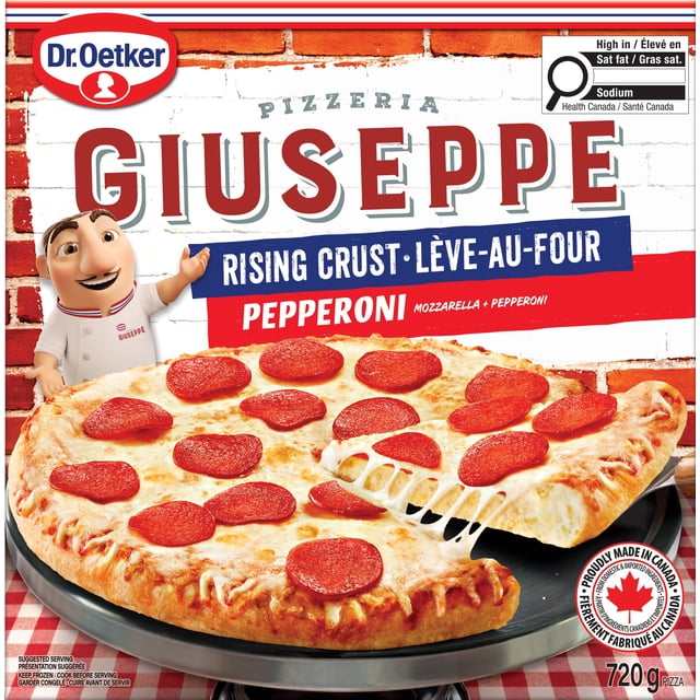 Dr. Oetker Giuseppe Pizzeria Rising Crust Pepperoni Pizza with a thick rising crust topped with melted mozzarella cheese and pepperoni slices, displayed on a black pizza pan with packaging showing Canadian origin and 720 g weight.