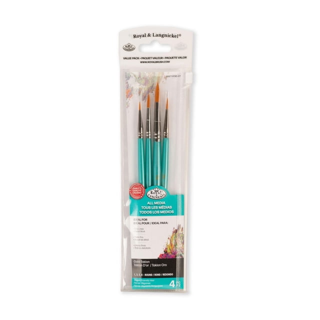 Royal & Langnickel 4pc Gold Taklon All Media Round Variety Paint Brush Set with four round brushes featuring turquoise handles and orange synthetic bristles, packaged in a clear zip-close case, ideal for fine lines, detail work, blending, and shading with acrylic, watercolor, and oil paints, also suitable for travel and art students.