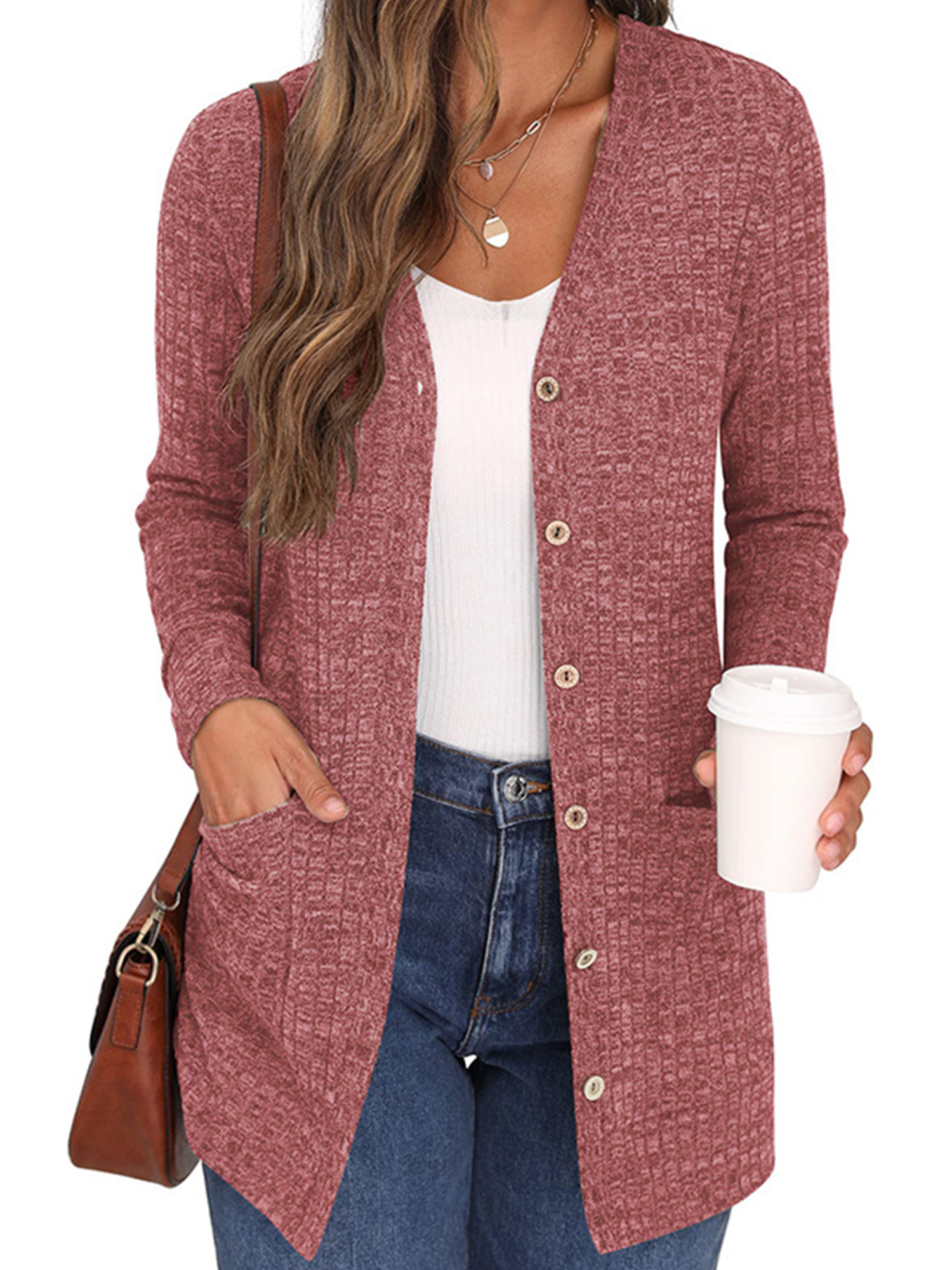 Innerwin Cardigan en Tricot à Manches Longues pour Femmes, Vêtement d'Extérieur, Vacances, Couleur Unie, Cardigans Doux, Rouge, TG