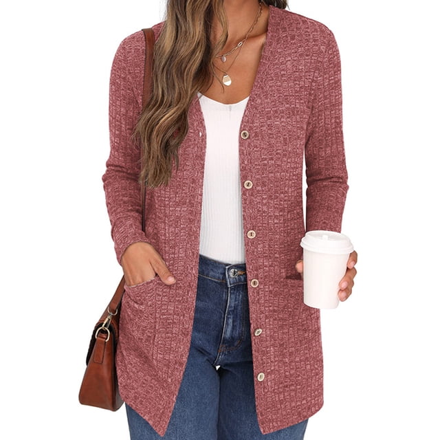 Innerwin Cardigan Sweater Long Sleeve Ladies Outwear Holiday Solid Color Soft Cardigans Red S