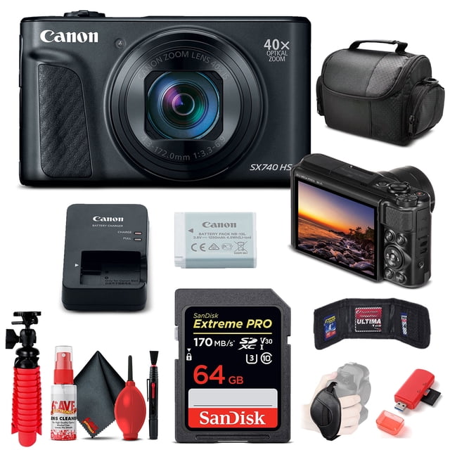 Canon PowerShot SX740 HS Digital Camera in black, featuring a 20.3MP CMOS sensor, 40x optical zoom, and optical image stabilization. Includes a 64GB SanDisk Extreme PRO memory card, card reader, deluxe soft bag, 12-inch flexible tripod, hand strap, memory card wallet, and cleaning kit. The camera has a 3-inch tilting LCD screen, DIGIC 8 Image Processor, and supports 4K video recording and Wi-Fi/Bluetooth connectivity.