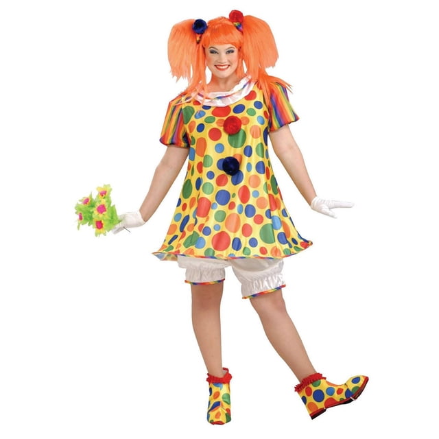 Giggles the Clown Plus Women's Costume with a short yellow dress covered in large multicolored polka dots and rainbow striped short sleeves, white bloomers with rainbow trim, matching polka-dotted shoe covers, and rainbow hair scrunchies on orange pigtails, ideal for Halloween or birthday parties.