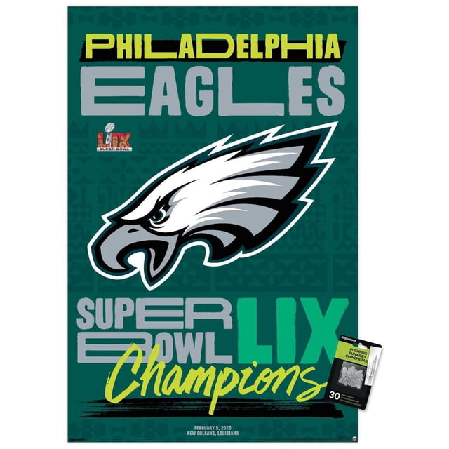 NFL Philadelphia Eagles - Affiche Murale du Logo d'Équipe Super Bowl LIX, 22,375 Pouces x 34 Pouces Encadrée, Présentant un Logo des Philadelphia Eagles Orienté vers l'Avant avec une Tête d'Aigle Blanche et Grise Décrite en Noir sur un Fond Vert Foncé. l'Affiche Comprend « Philadelphia Eagles » en Lettres Blocs Jaunes et Grises, « Super BOL LIX Champions » en Écriture Grise et Jaune, et la date « FEVRIL