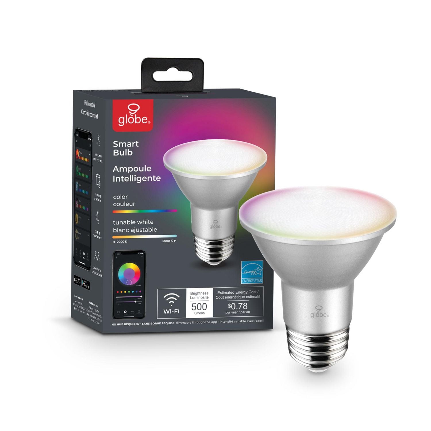 Globe Electric Smart RGB Tunable Voice Activated PAR20 E26 Base LED Light Bulb, Energy Star