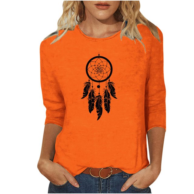 Dadaria T-Shirt Femme Orange Manches 3/4 Col Rond Grande Taille Attrape-Rêves Été Blouses 3TG