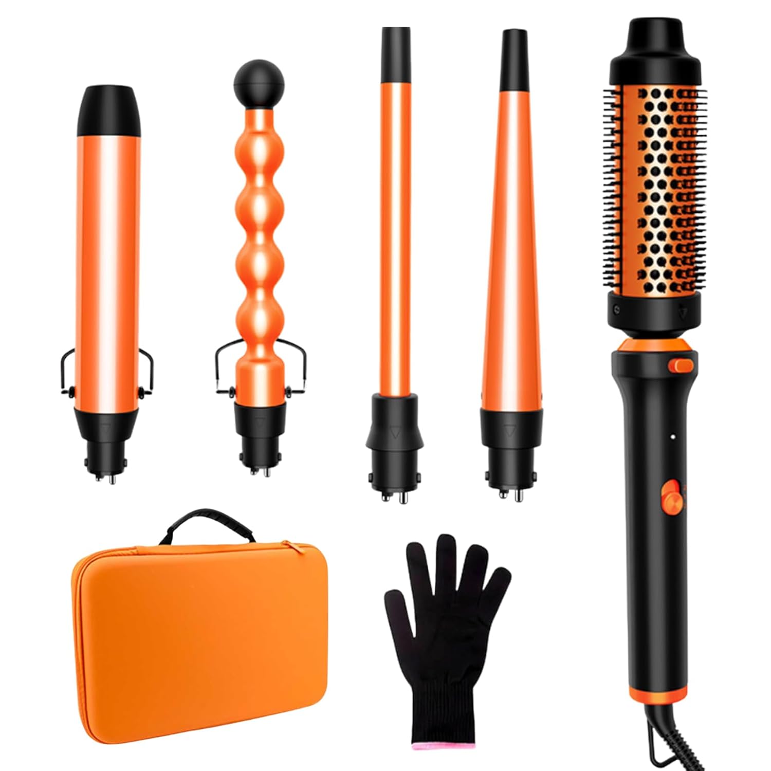 5 in 1 Curling Wand Set with 4 Interchangeable Ceramic Barrels& Curling Brush, Fast 30s Heat- Up, 195-225℃ Adjustable Temperature Curling Iron Set with Heat Protective Glove& Travel Case
