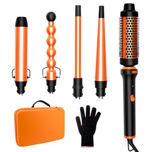 5 en 1 Ensemble de baguettes de curling avec 4 Barreaux en céramique interchangeables et brosse de curling, rapide 30s Montage thermique, 195-225°C Réglable Température Ensemble de fer de curling avec gaine de protection contre la chaleur et étui de voyage