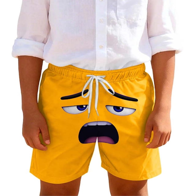Wo-Fusoul Swim Trunks for Boys and Girls, 5-14 Years, Solid Color with Cute Expression Print, Breathable Summer Shorts with Pockets for Beach, Home, or Pool