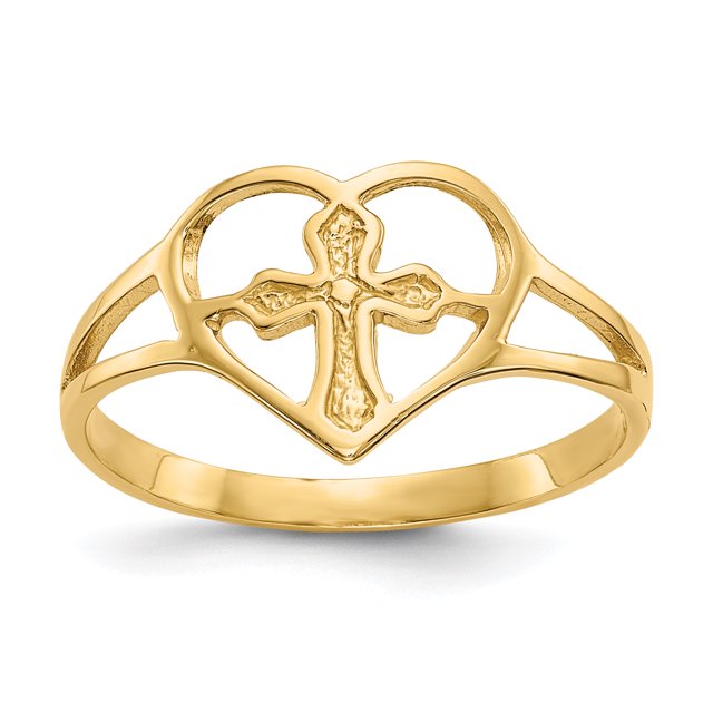 Bague Croix en Or Jaune 14K avec Cœur