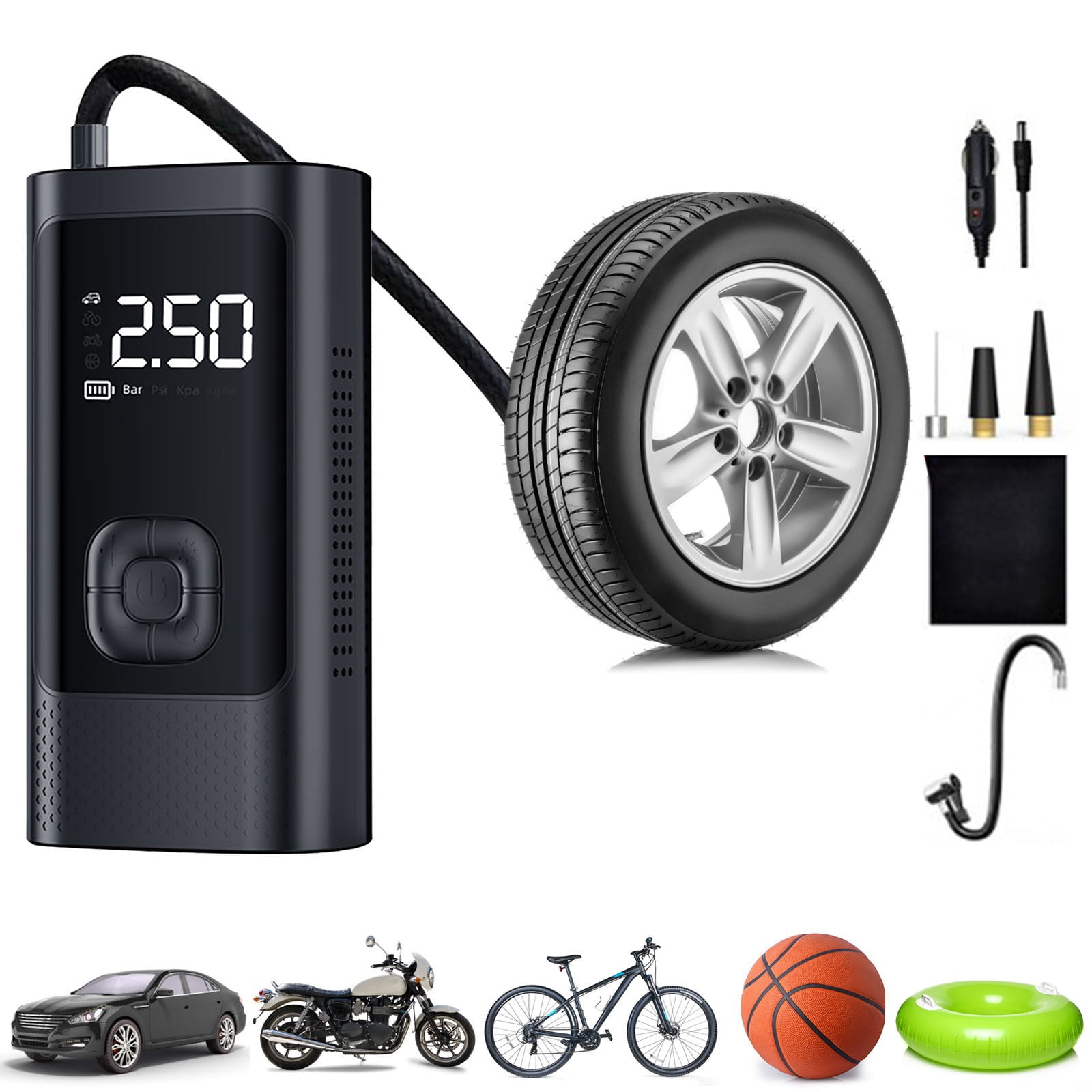 Portable Car Tire Inflator | Multi-Function 12V Electric Air Pump for Vehicle Tires, Basketballs & Inflatables | Compact 90W 15A | Fast Inflation | Includes Nozzles & Storage Bag | 80x60x160mm