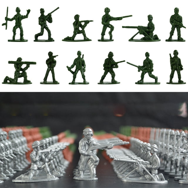 Ensemble de 300 Pcs de Modèles de Soldats Mini Figurines d'Armée Réalistes en Plastique, Modèle d'Homme d'Armée Comprenant 300 Figurines de Soldats en Plastique Multicolores en 12 types, Chaque Figurine Debout de 3 à 3,5 cm de Hauteur. l'Ensemble Comprend une Variété de poses Telles Que des Soldats Tenant des Fusils, Opérant de l'Artillerie Lourde et s'Agenouillant avec des bazookas. les Figurines Sont Exposées dans une Scène d'Armée Détaillée