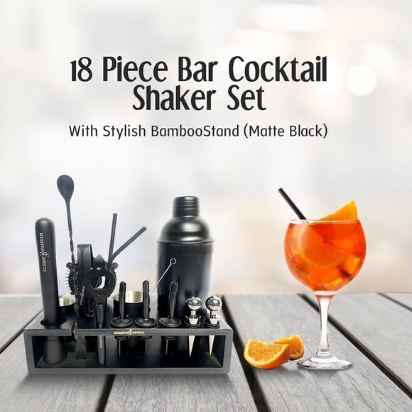 18 Piece Bar Cocktail Shaker Set with Stylish Bamboo Stand (Matte Black)