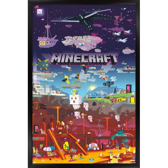 Minecraft - World Beyond Wall Poster, 22.375" x 34", glossy wall art print featuring pixelated Minecraft characters and creatures on floating islands, a black dragon, flying birds, and a lava-filled Nether scene, suitable for bedroom or office decoration, framed in black.