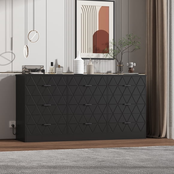 Large Wooden Chest with 9 Drawers, Power Outlet and USB Ports, Metal Handles, Functions as Dresser and TV Stand for Bedroom Living Room and Closet Organization, Modern Black