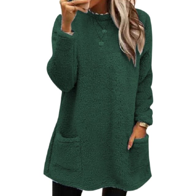 LUXUR Women Fuzzy Fleece T Shirt Loose Work Tops Dark Green M