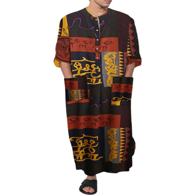 Men‘s Muslim Thobe Long Sleeve Letter Print Button Down Pocket Kaftan Robe Arab Wear