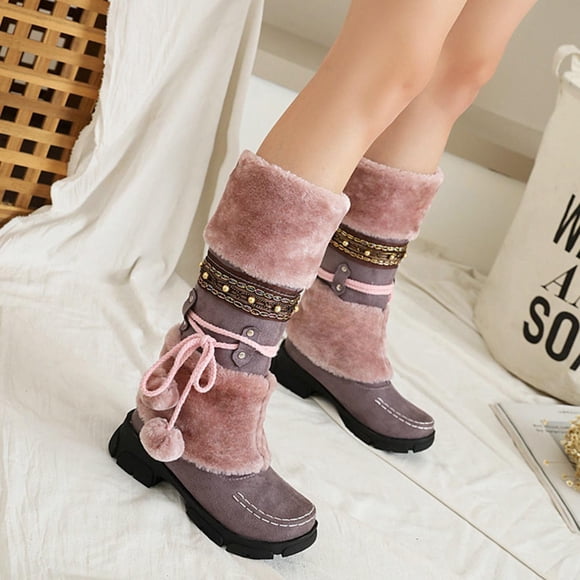 Pisexur Black Friday Deals 2022! EGNMCR Women Snow Boots Slip-on Snow Boots Velvet Cotton Boots Warm Solid Cotton Shoes Plush Ball Ethnic Knight Boots, Mid-Calf Waterproof Winter Snow Boots for Women