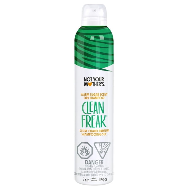 CLEAN FREAK DRY SHAMPOO TAPIOCA par Not Your Mother's Haircare, une Bombe Aérosol Blanche de 7 oz avec des Rayures de Zèbre Vertes sur le Dessus, avec un Parfum de Sucre Chaud, une Formule Sans Aluminium pour l'Absorption de l'Huile, Sans Résidu Blanc et un Rafraîchissement Instantané des Cheveux Sans Eau.