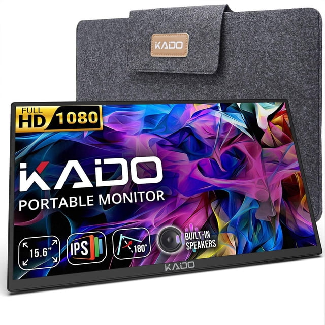 Kado Portable Monitor 15.6-Inch FHD 1080p, 45W Reverse Charging USB-C mini-HDMI Gaming Monitor IPS Display Built-in Speakers, Second Display 180°