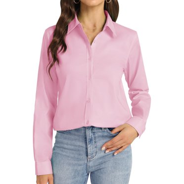 Breezora Womens Modern Polo Collar Top Relaxed Fit V Neck Shirt Soft Breathable Fabric Contemporary Casual Wear Versatile Layering Piece Long Sleeve S Size Pink