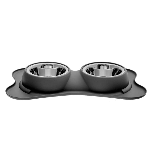 IH Casa Decor Bol Double pour Animaux en Forme d'Os Anti-Débordement Gris avec Deux Bols en Acier Inoxydable Ensemble dans une base en silicone Antidérapante en Forme d'Os Grise, Conçu pour les Chats et les Petits Chiens, Idéal comme Mangeoire Anti-Débordement et Facile à Nettoyer.