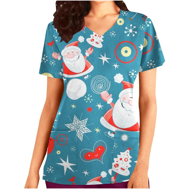 RKSTN Hauts de Noël pour Femmes Manches Courtes Col en V Uniforme de Travail Imprimé Arbre de Noël Élan Neige avec Poches