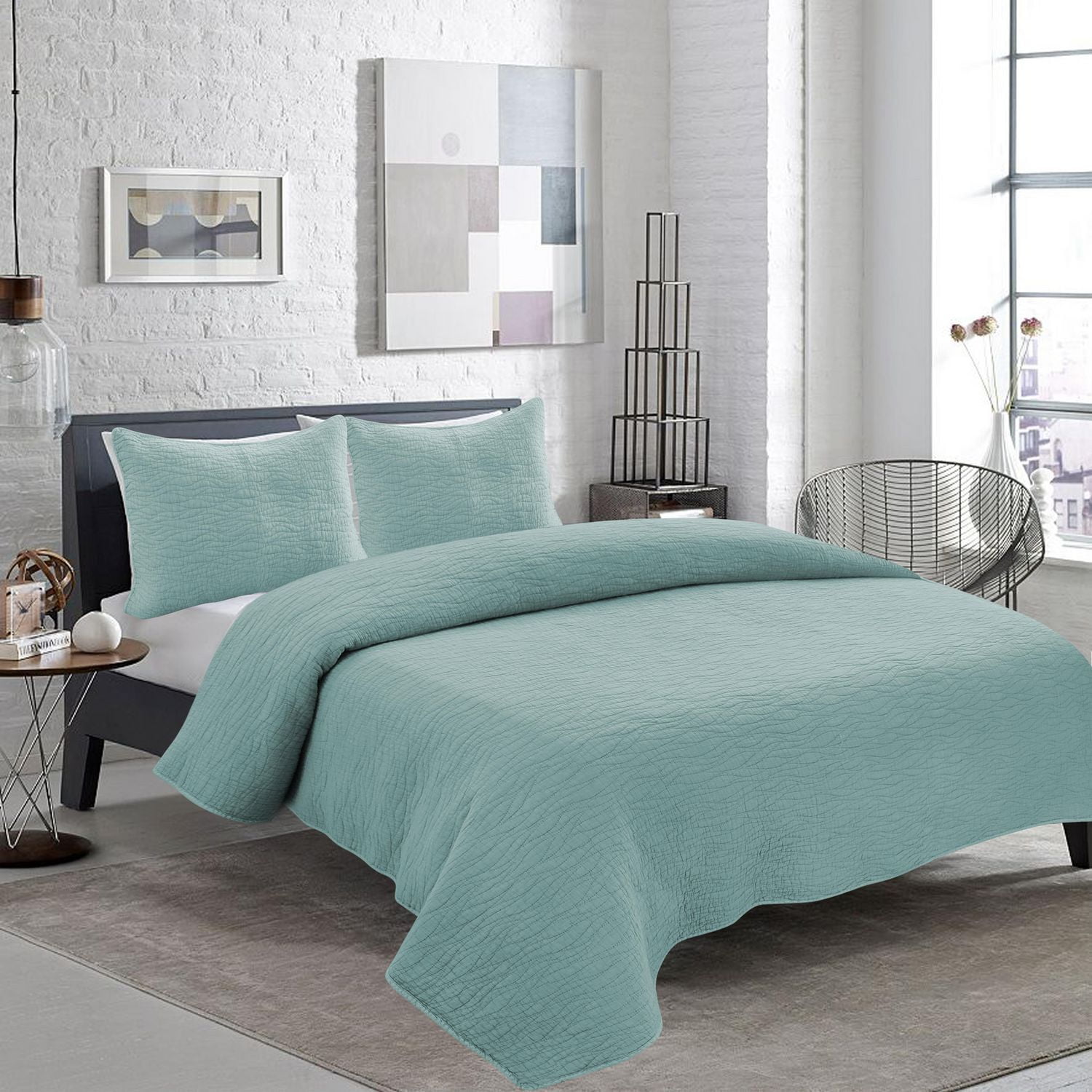 Ensemble de couette Carson de Gouchee Home – Ensemble de literie menthe 3 pièces, coton délavé avec motif à coutures ondulées, couvre-lit doux toutes saisons