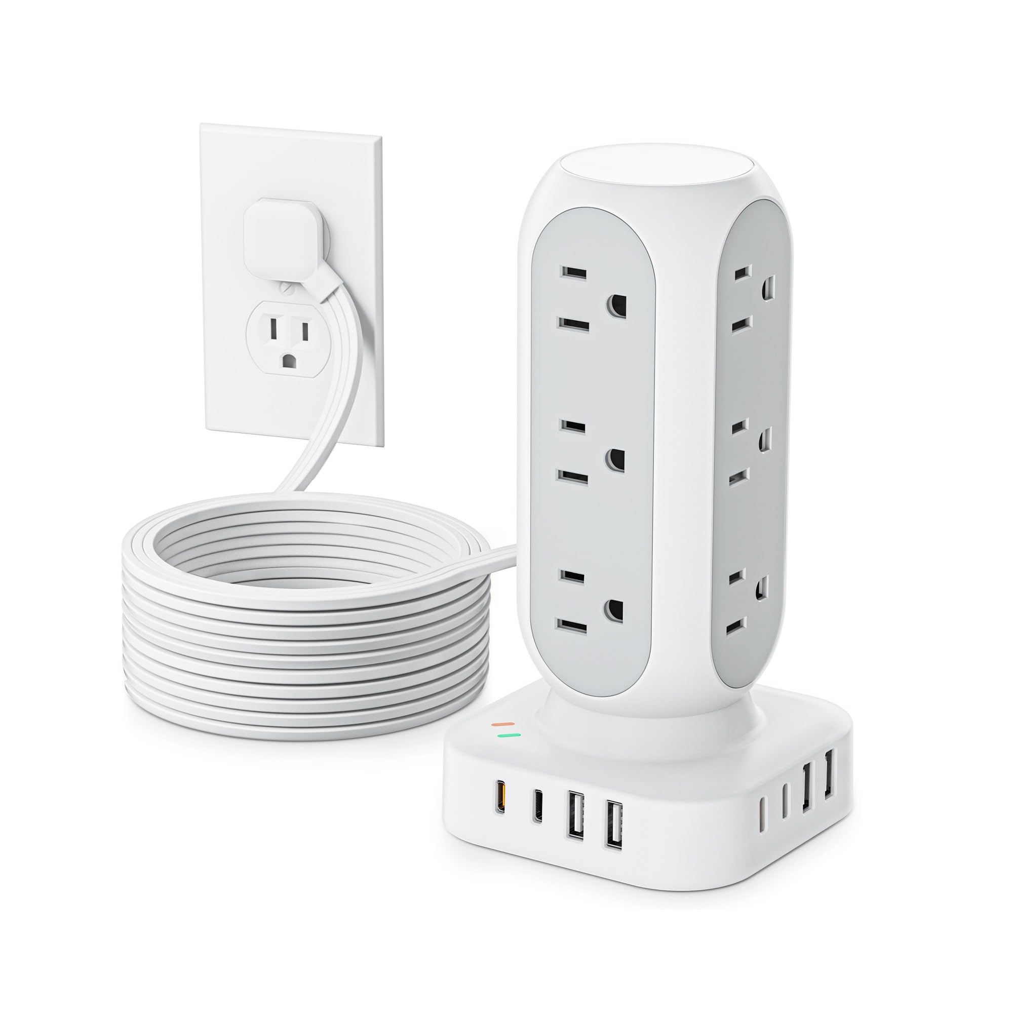 Flat Plug Power Strip Tower, 40W Total Fast Charging Station, Dual PD 20W USB-C Surge Protector with 12 AC Outlets and 8 USB Ports (4 USB C), 10FT Extension Cord for Hom
