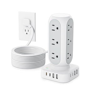 Flat Plug Power Strip Tower, 40W Total Fast Charging Station, Dual PD 20W USB-C Surge Protector with 12 AC Outlets and 8 USB Ports (4 USB C), 10FT Extension Cord for Hom