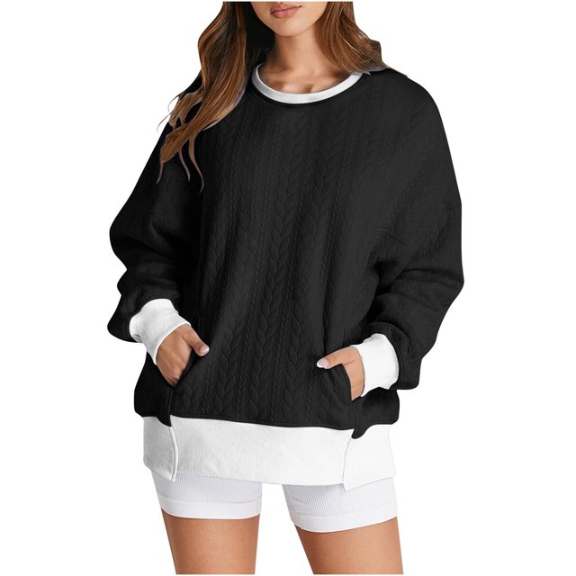 MeetoTime Women's Crewneck Sweatshirts Fall Long Sleeve Oversized Pullover Sweatshirts with Pockets