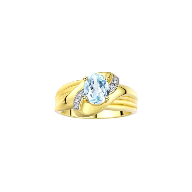 RYLOS Rings for Women 14K Gold Plated Silver Ring Oval 9X7MM Gemstone & Diamonds Classic Design March Aquamarine Jewelry for Women Size 8