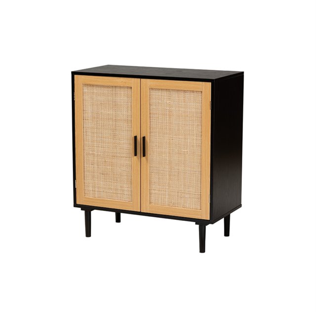 Baxton Studio Maureen Armoire de Rangement à 2 Portes en Bois Brun Espresso et Rotin Style Mid-Century Modern