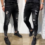 EGNMCR Jeans for Men, Men's Elastic Waist Loose Fit Denim Pants, Mens Pull On Jeans Mens Skinny Stretch Pants Distressed Ripped Freyed Trousers Men Pants