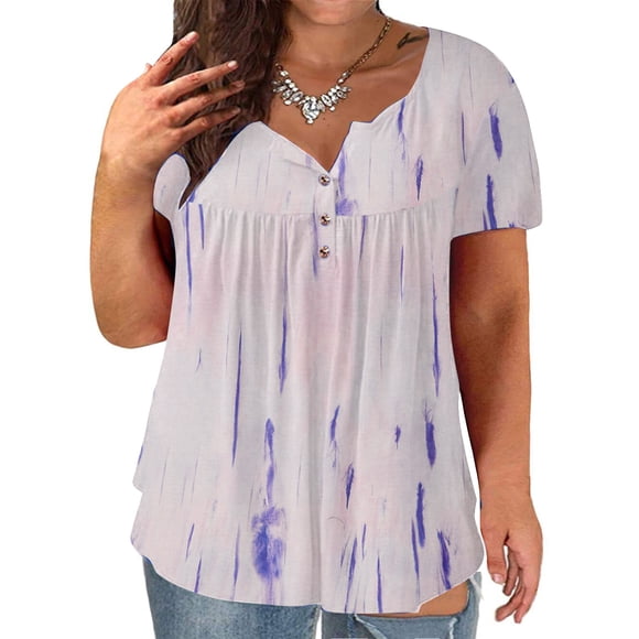 EGNMCR T-Shirts pour Femmes Femmes Grande Taille Col en V Imprimé Teinture sur Nœuds à Boutons Manches Courtes Hauts T-Shirt Blouse