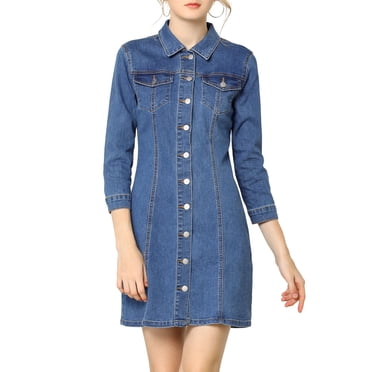 INSPIRE CHIC Women's Denim Dress 3/4 Sleeve Button Down Mini Jean Shirt Dress S Light Blue