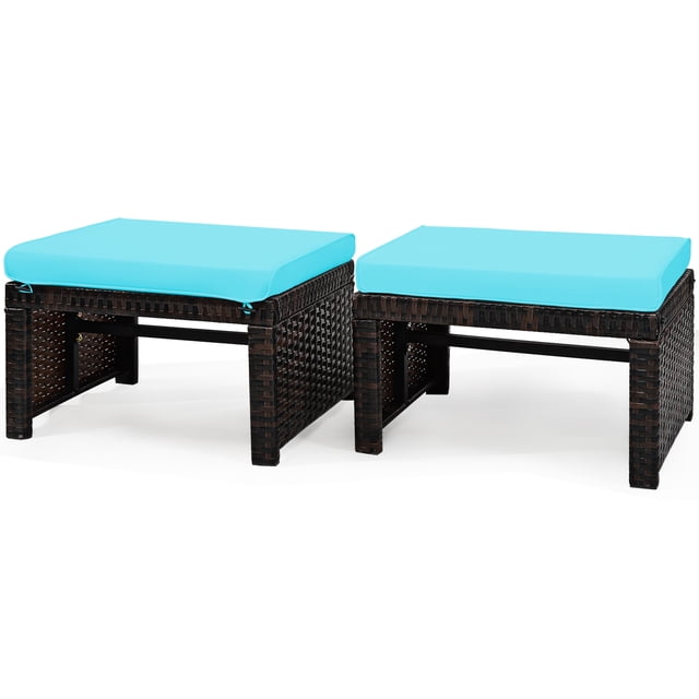 Patiojoy 2 PCS Outdoor Wicker Ottoman Patio Rattan Furniture Metal Footrest Seat Square Footstool with Cushion Turquoise. This set includes two ottomans with mix brown PE rattan frames and turquoise cushions. Each ottoman features an X-shaped steel frame with reinforced crossbars for stability and a weight capacity of 355 lbs. The cushions have hidden zippers for easy cleaning and provide comfort. Protective foot pads enhance stability and prevent scratches. Dimensions are 19.5 inches long, 15.5 inches wide, and 13 inches high. Ideal for patios, backyards, and poolside areas.