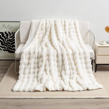 HLONK Shaggy Faux Fur Weighted 15 lbs for Adult Soft Luxury Fuzzy Long Fur Heavy Throw for Twin/Full Size Bed and Couch - 48”×72” Cream White