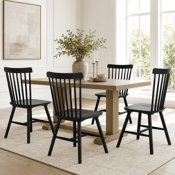 ClinQ Wooden Windsor Dining Chair Set of 4, Spindle Back, Armless, Farmhouse Kitchen and Dining Room Seating, Black